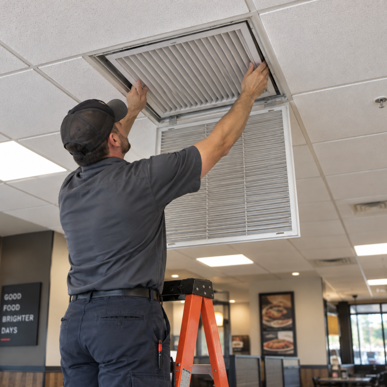Man adjusting a wall-mounted air conditioning unit indoors.
