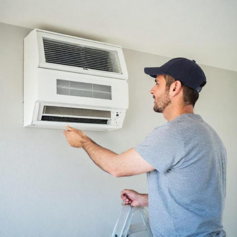 Man adjusting a wall-mounted air conditioning unit indoors.